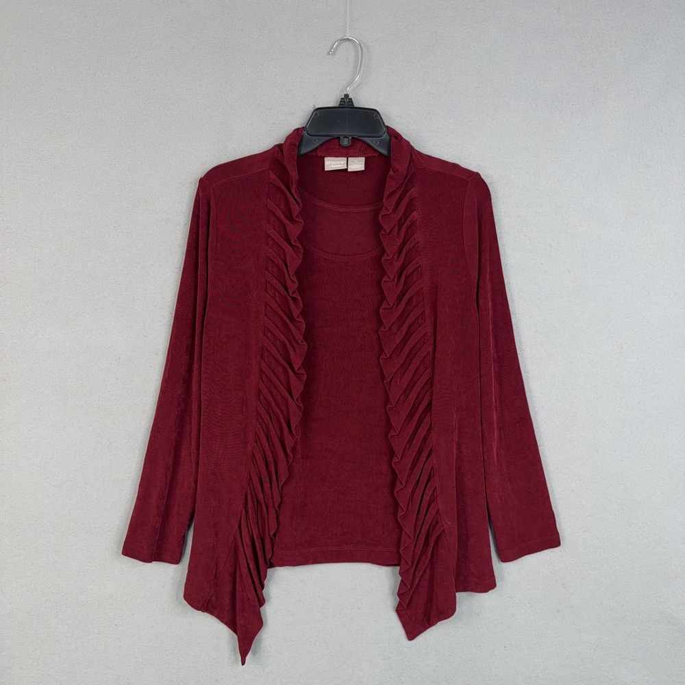 Chicos Sweater Twin Set Womens 0 Red Ruffle Cardigan Tank Travelers Knit Stretch